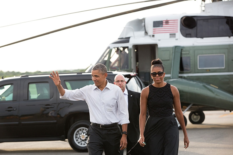 In this file photo from 2015, President Barack Obama and First Lady Michelle Obama arrive on Martha's Vineyard by helicopter. — Michael Cummo