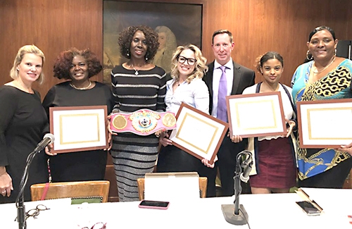 From left: Carrie Anne Cavallo, Hon. Claudia Daniels-Depeyster, Hon. Sylvia Ash, Heather Hardy, Nzingha Prescod and Kym Hampton. (photo by Hannah Grossman.)